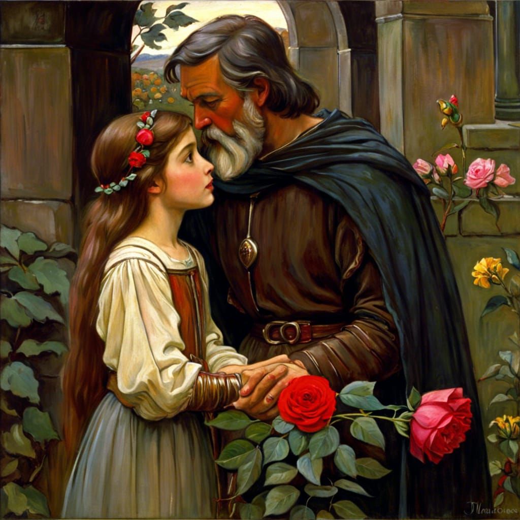 Girl Offers Rose to Grandfather, Pre-Raphaelite Style