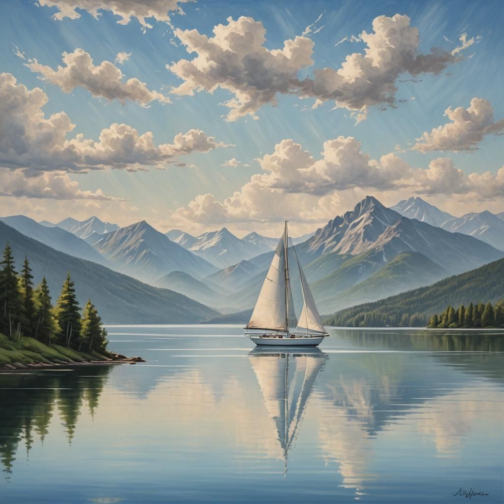 Peaceful Sailboat on Lake: Detailed Matte Painting