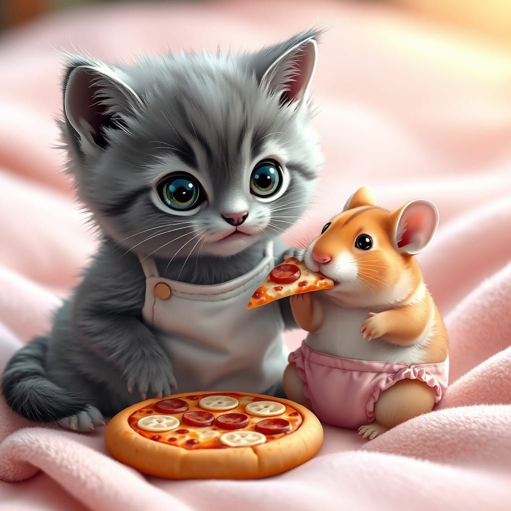 Charming Kitten and Hamster Share Pizza in Colorful Scene