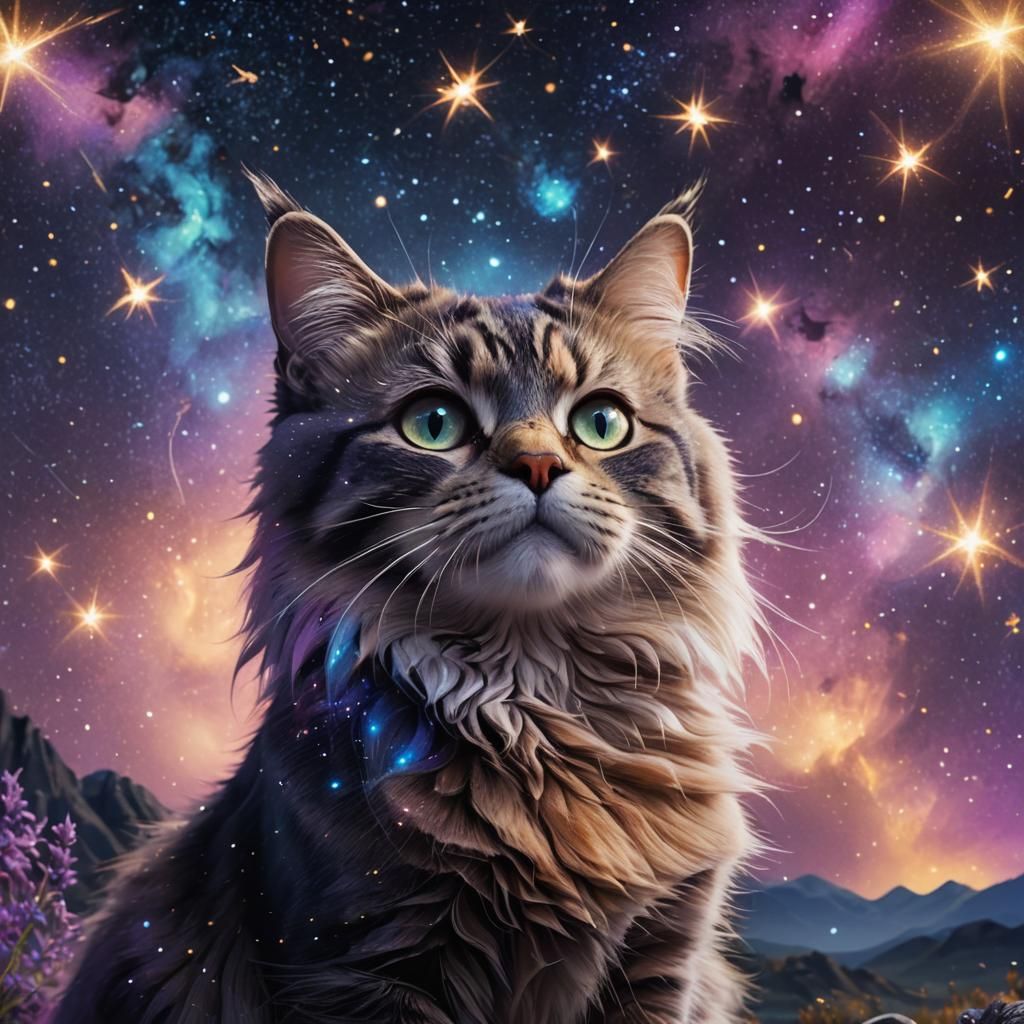 Vibrant Cat Under Starry Night Sky in Fantasy Concept Art