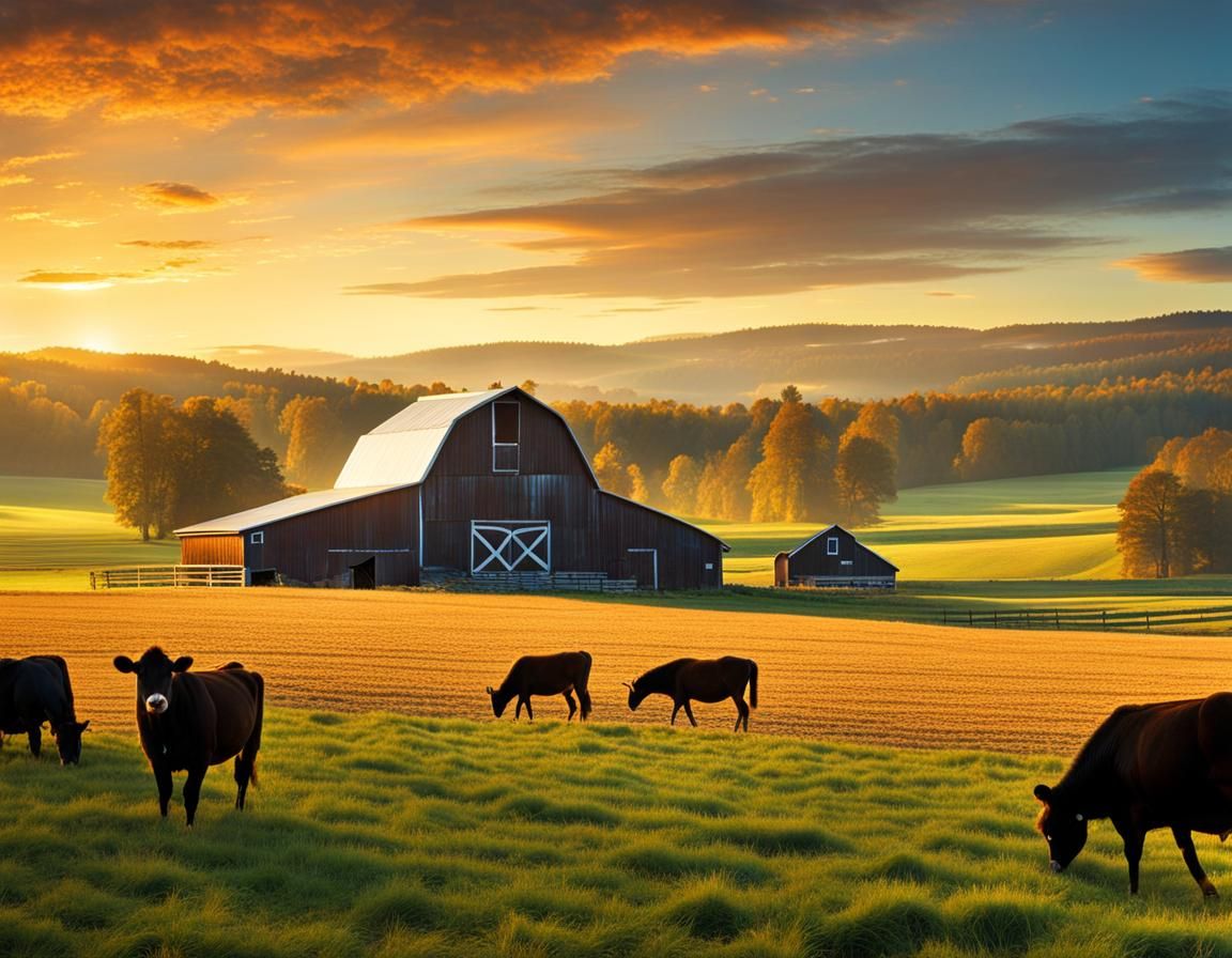 A photography of farm life inspired by Ansel Adams, capturing a sprawling farm landscape at sunrise, with a barn, animal...