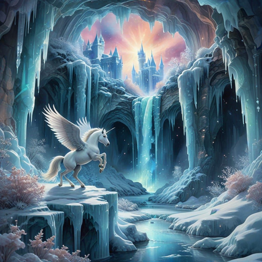 Pegasus Soars Over Frozen Waterfalls: Watercolor Fantasy