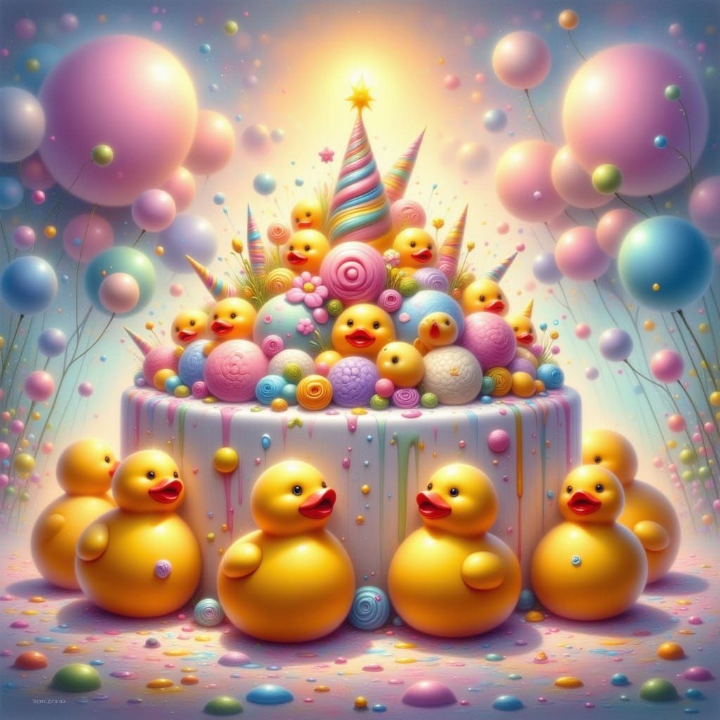 Whimsical Rubber Duckies Gather Around a Giant Birthday Cake...