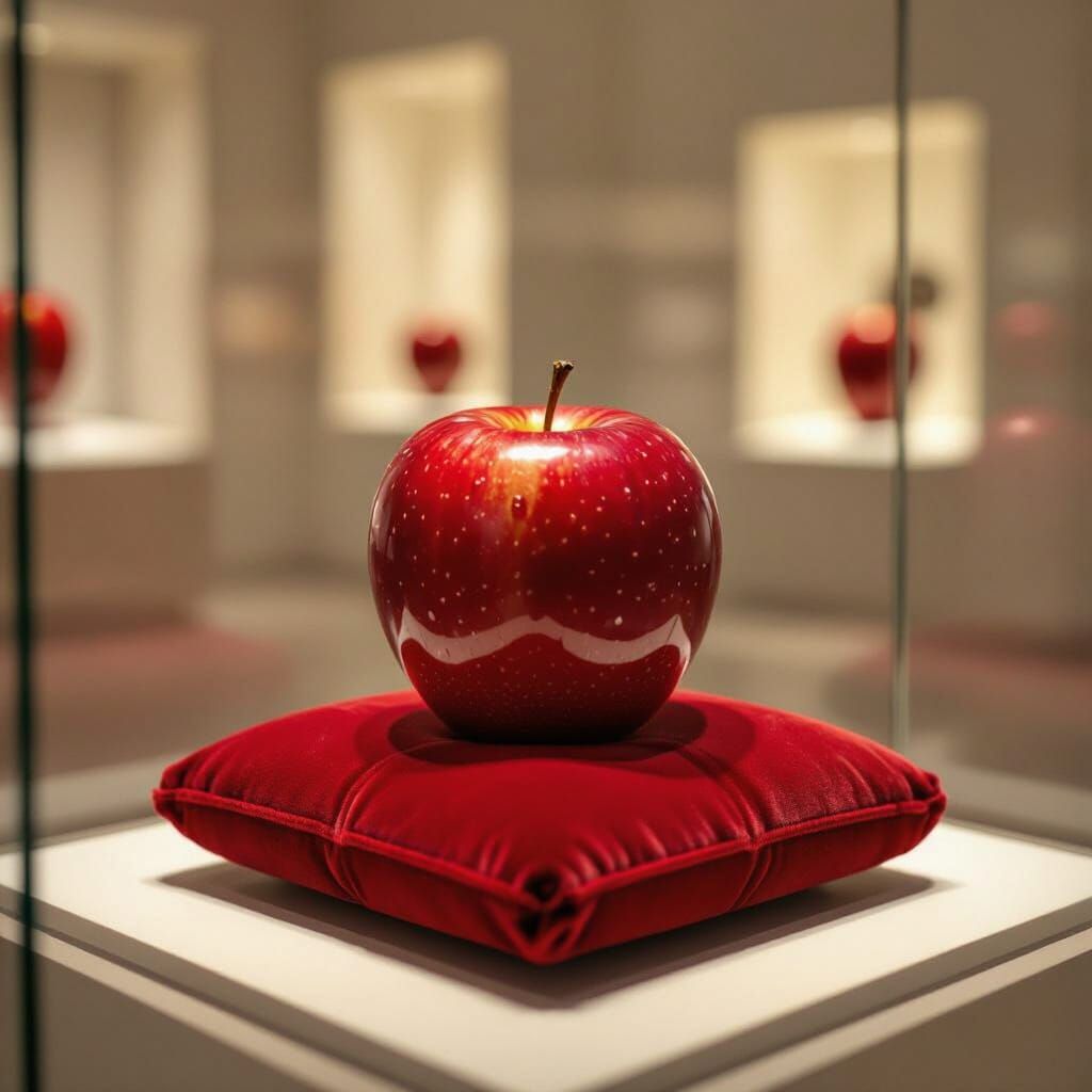 Hyperrealistic Apple on Velvet Cushion in Museum