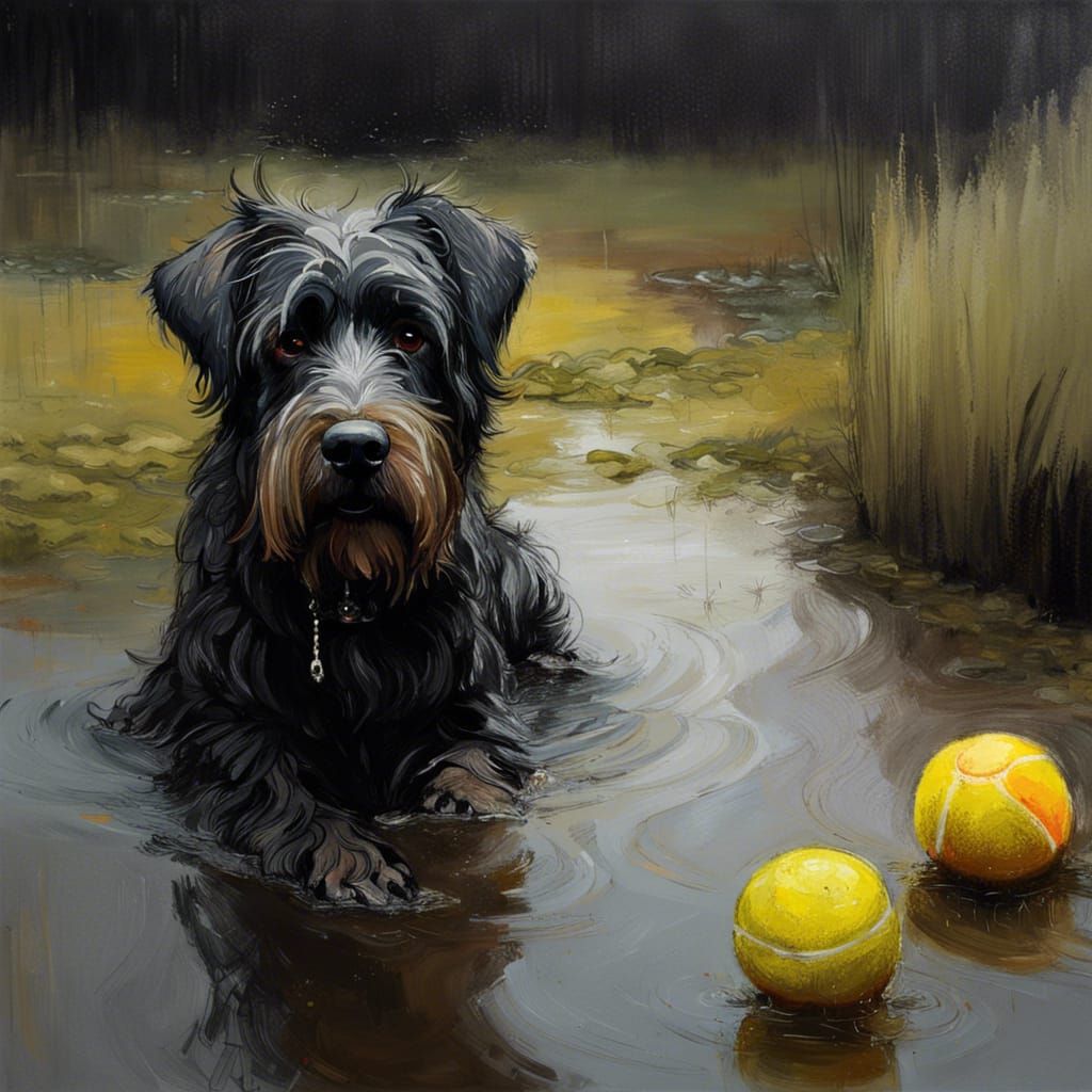 Colorful Bouvier Dog in Pond, Oil Painting