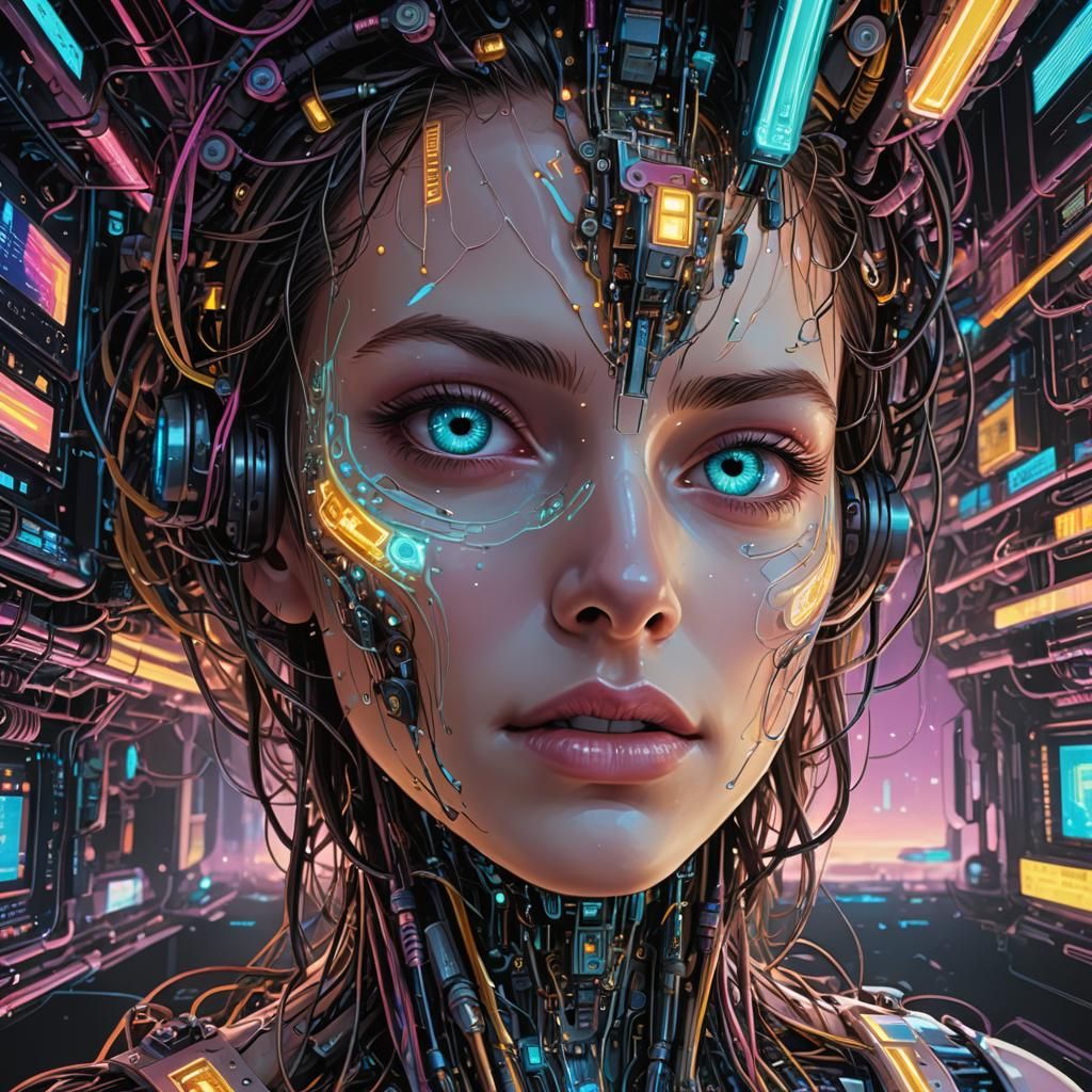 Iridescent Cybernetic Robot Floating in Computer System