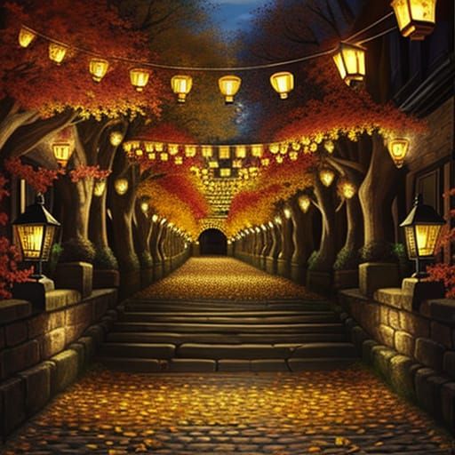 Autumn Cobblestone Bridge in Cross-stitch Style