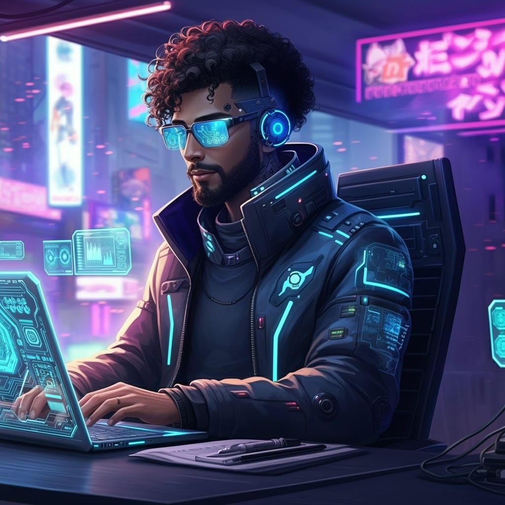 Cyber-Tech Professional in Neon-Lit Futuristic Workspace