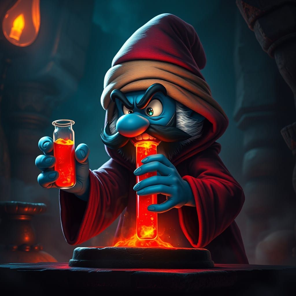 Sinister Papa Smurf Brews Dark Potion in Ominous Chamber