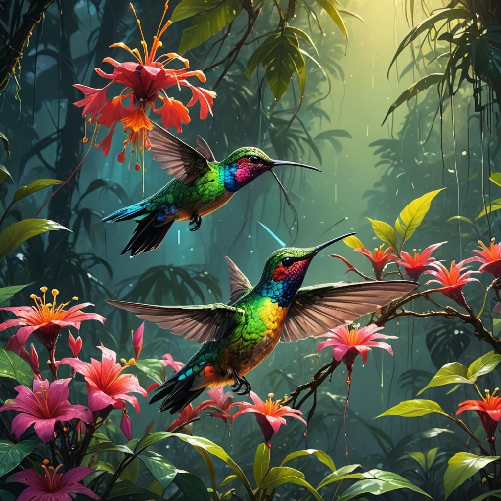 Hummingbird Sipping Nectar in Tropical Jungle