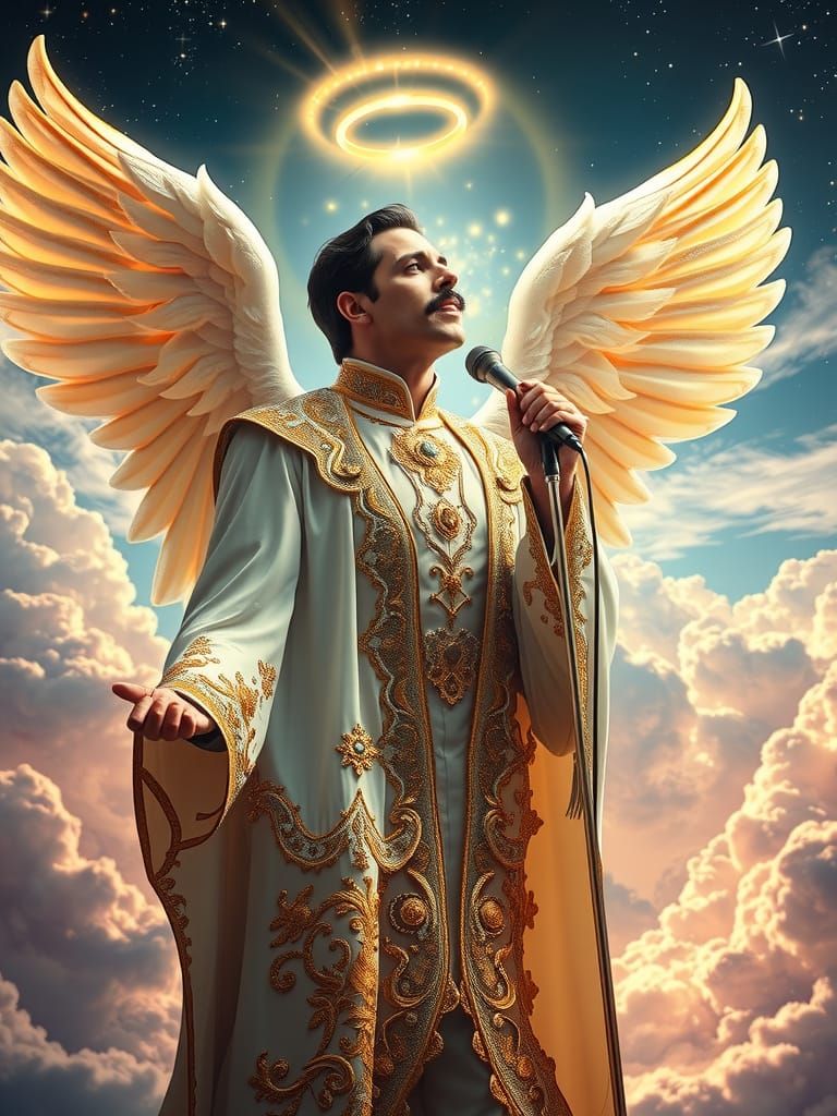 Freddy Mercury as angel king in Heaven watching us from abov...
