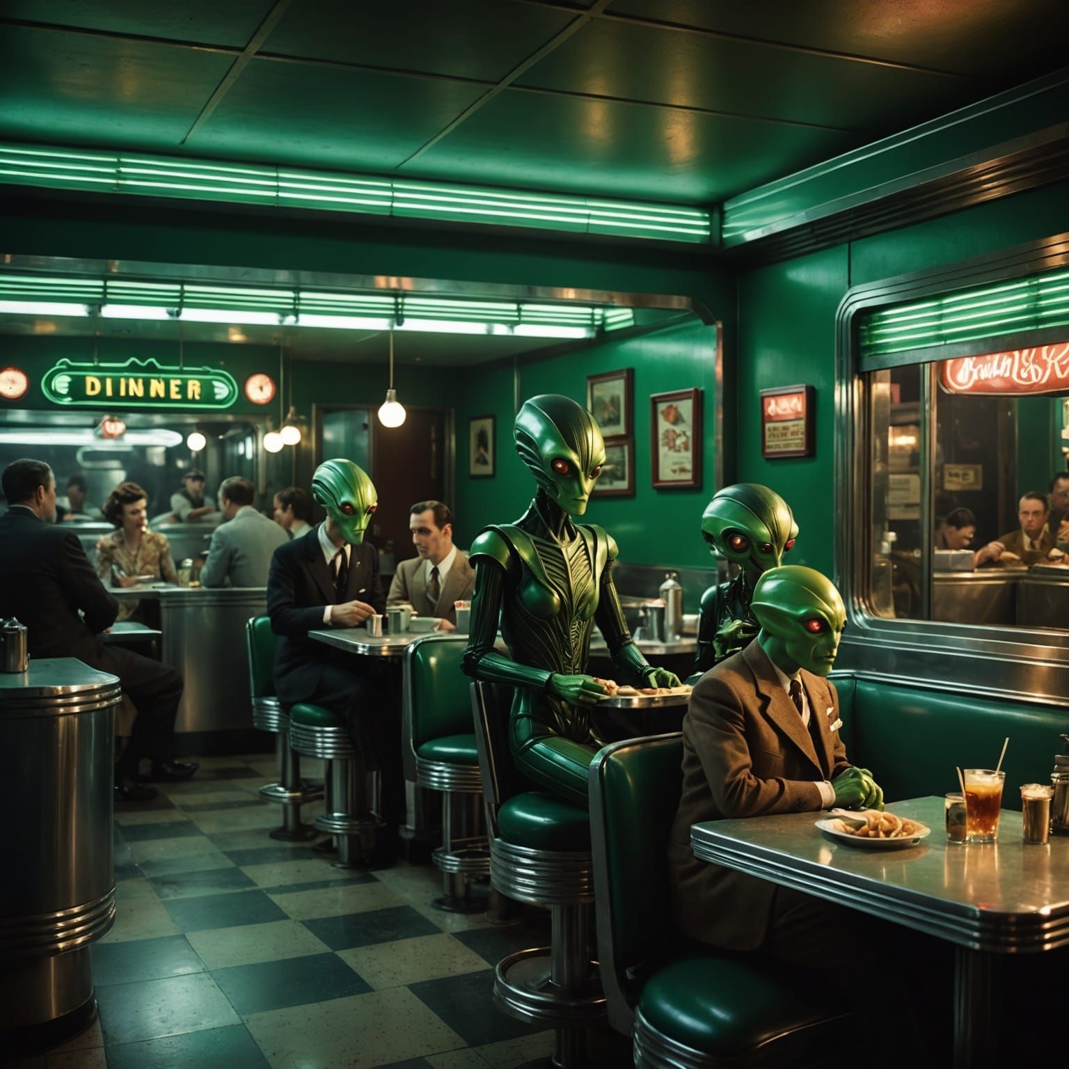 Aliens Occupy 1940s Diner in Art Deco Style