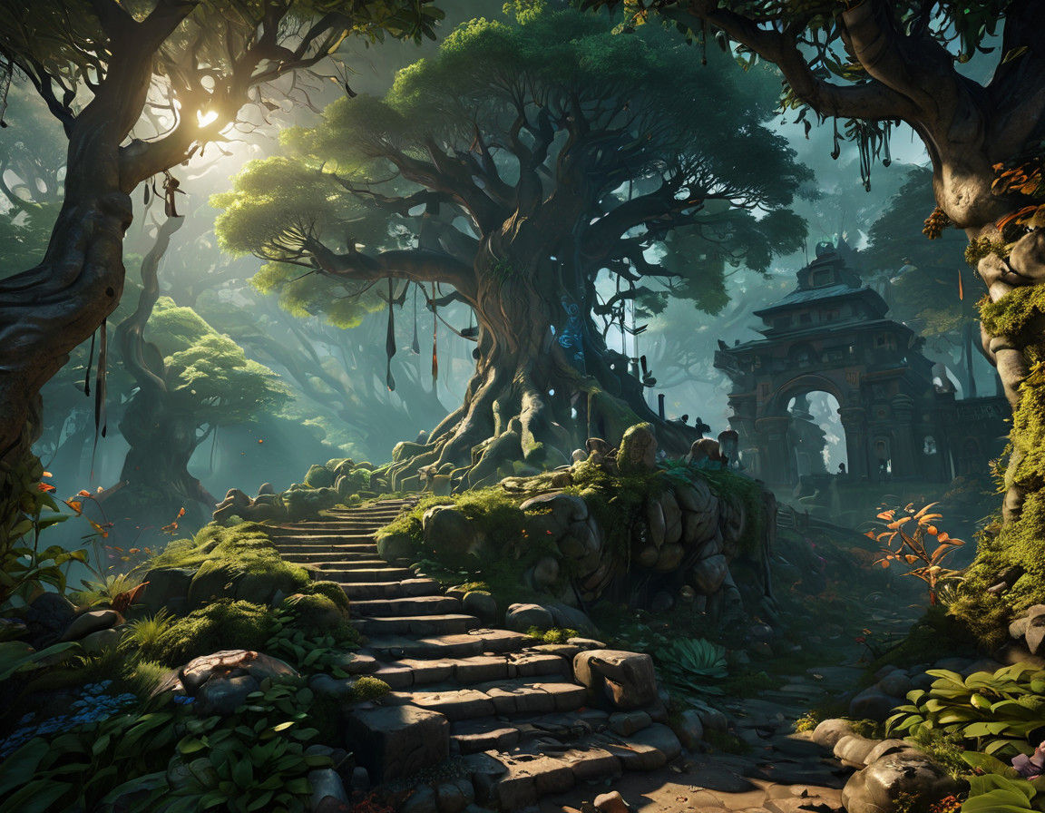 Handsome Youth in Whimsical Forest Landscape