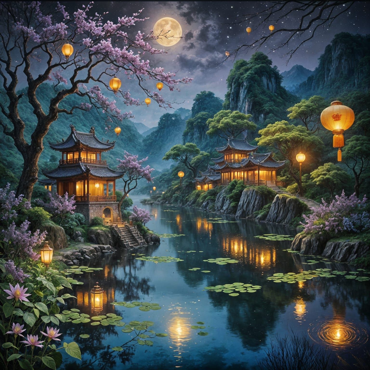 Dreamy Chinese Lanterns Floating on River
