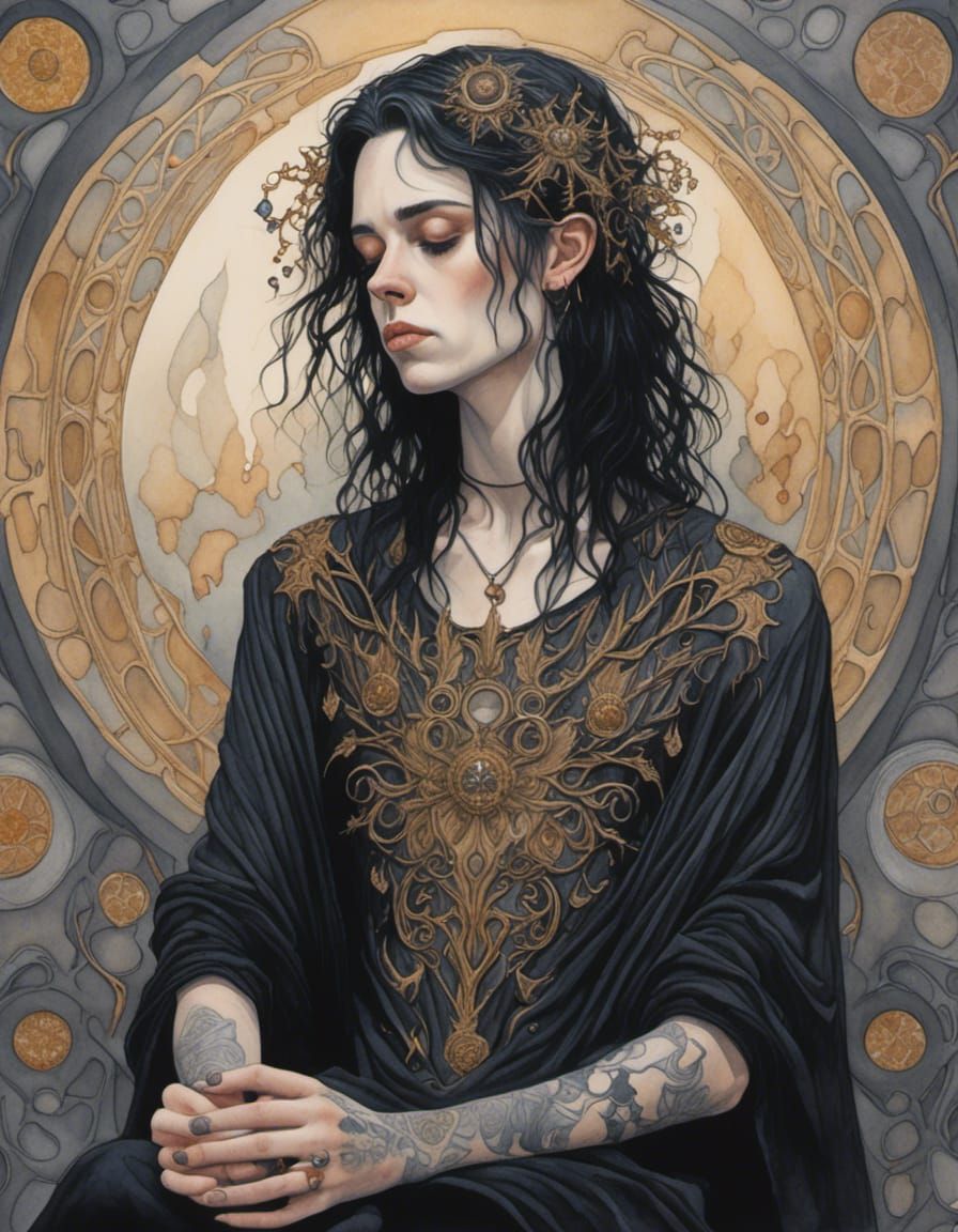 Gouache Painting of a Melancholy Non-Binary Person