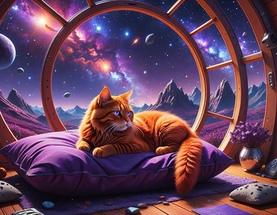 Futuristic Cabin With Red Cat in Digital Graphics Style