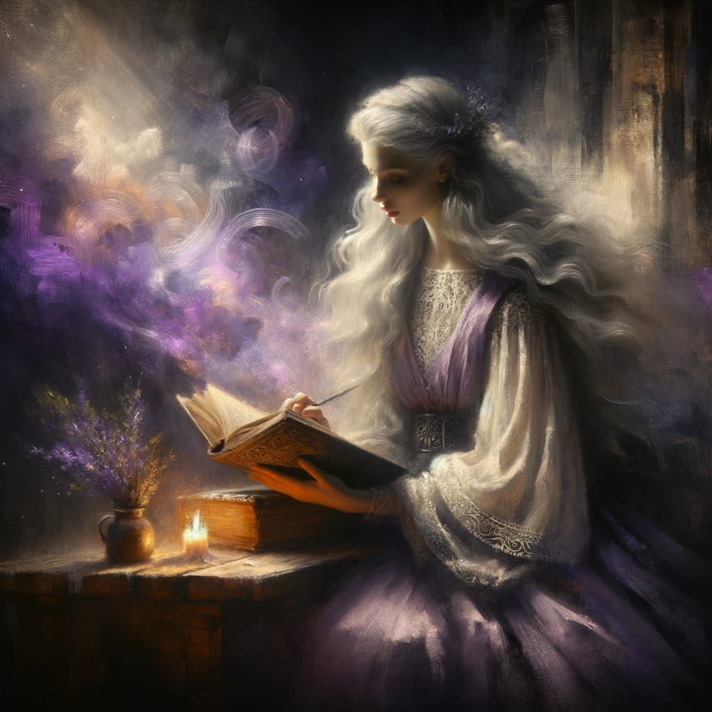 Norse Goddess Reading by Candlelight in Romantic Style