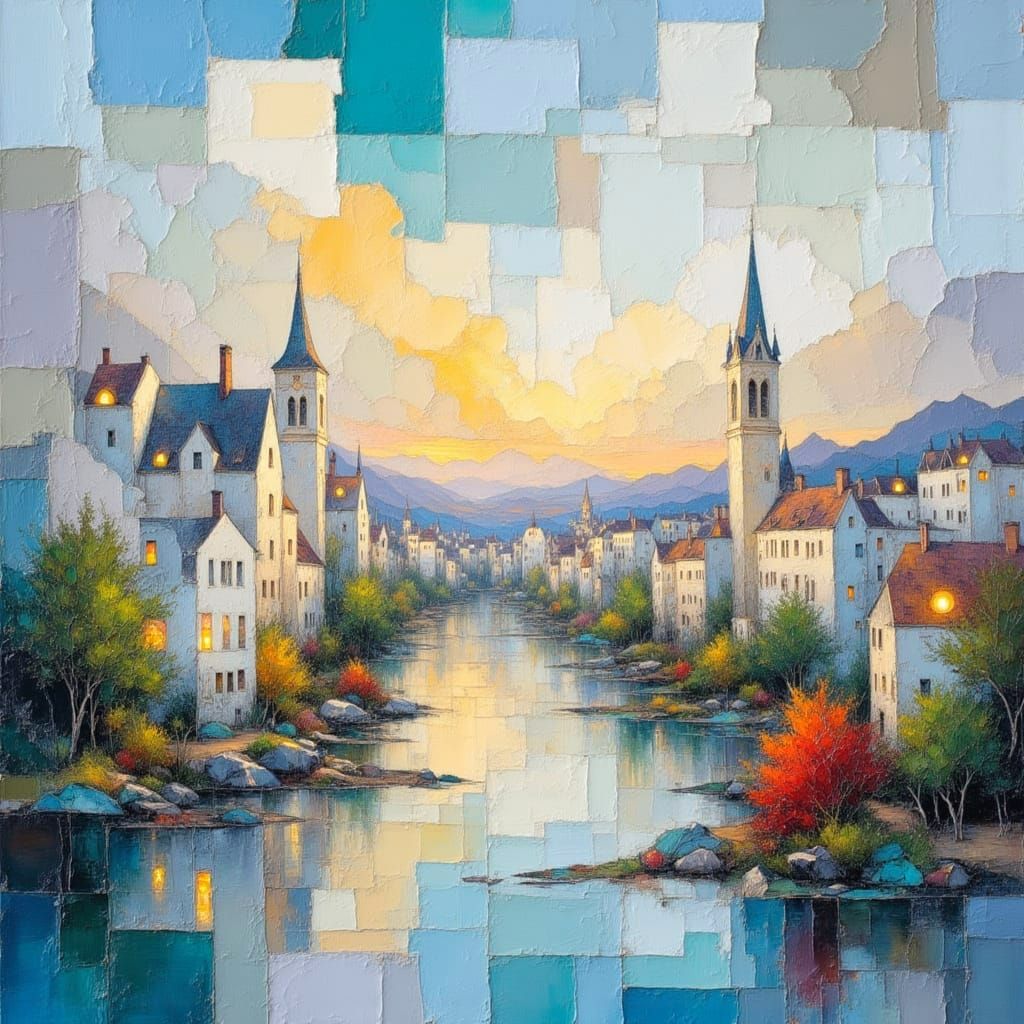 Illuminated Cityscape in Impasto Style with Volumetric Textu...