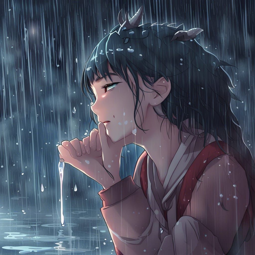 Crying Dragon Girl in Rain: Anime Style