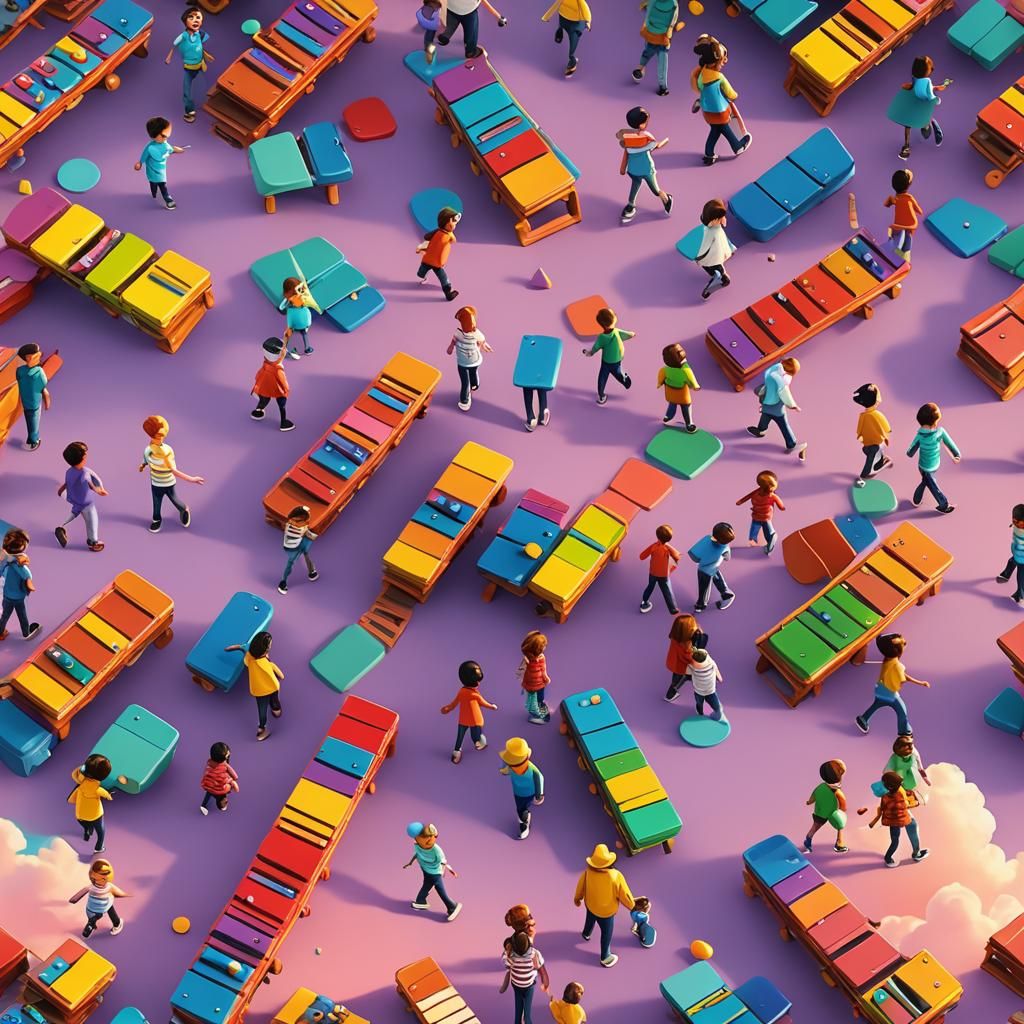 Children on Giant Xylophone: Pixar-Style 3D Art