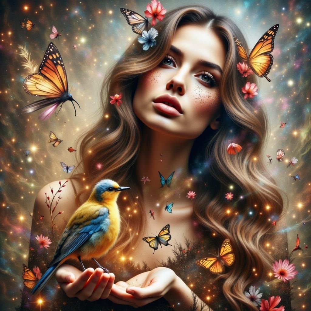 Hera as Sagittarius/Scorpio Goddess, double exposure with a glowing cuckoo. <lora:SparklePortraits:1.0>