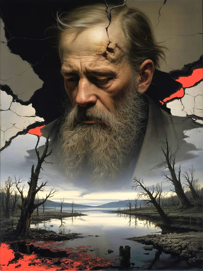 Melancholy Man in Post-Apocalyptic Double Exposure Oil Paint...