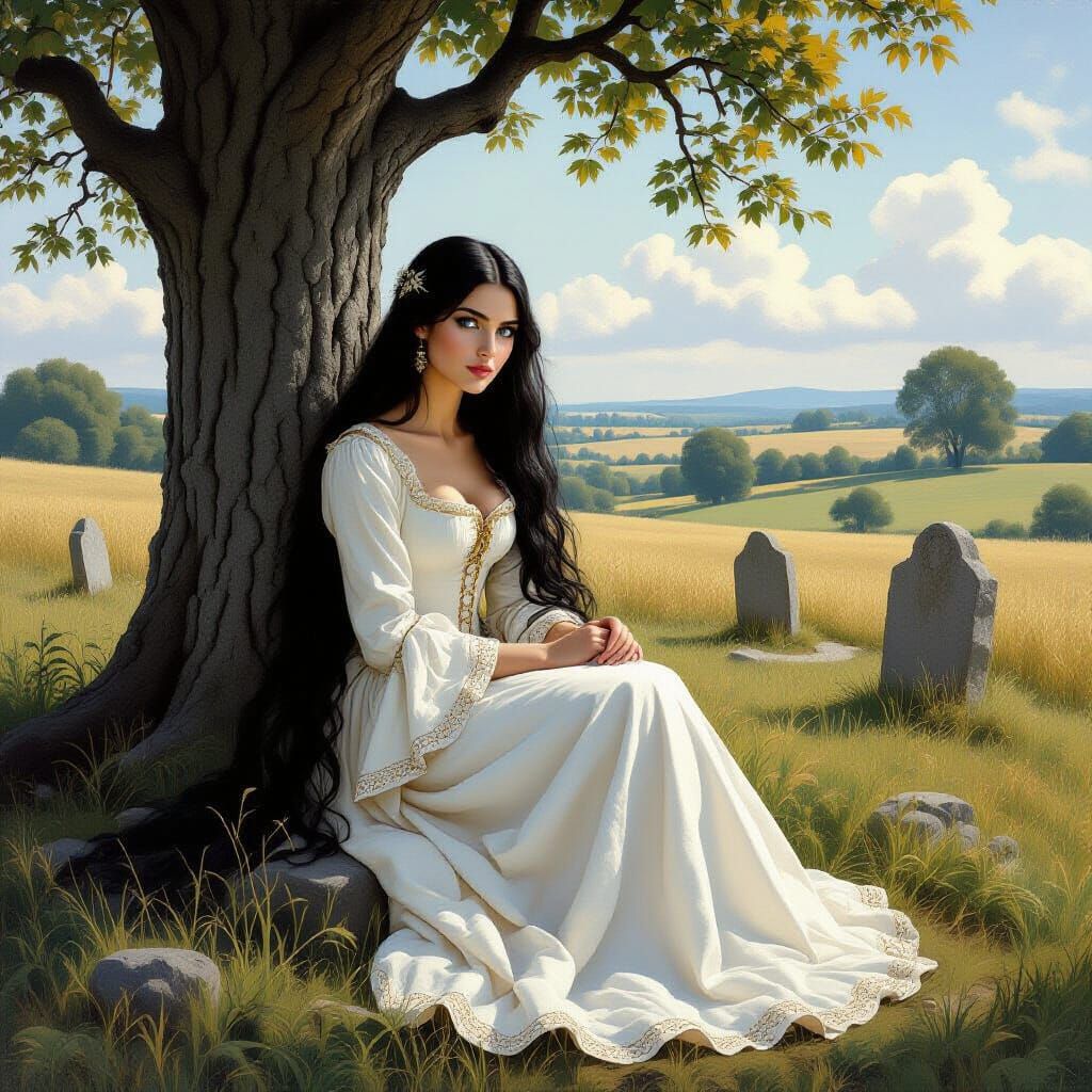 Medieval Noblewoman by Ancient Oak, Historical Painting