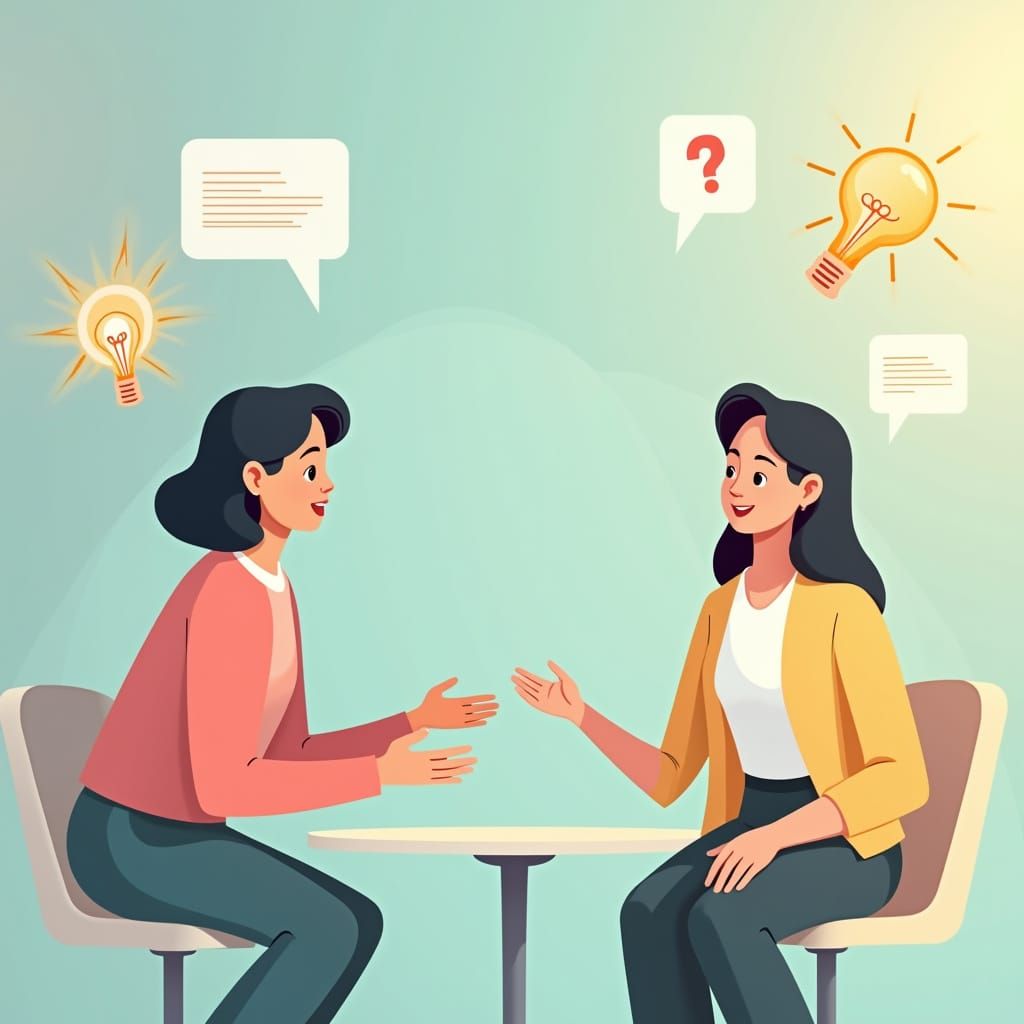 Minimalist Vector Art: Woman Sharing Advice in Teal