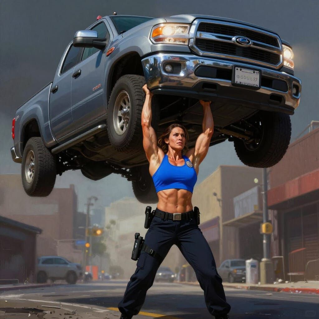 Superhuman Police Officer Lifts Truck in Hyperrealistic Digi...