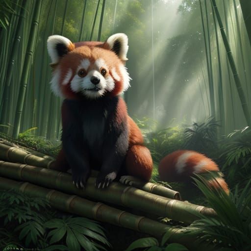 Curious Red Panda in Lush Bamboo Forest