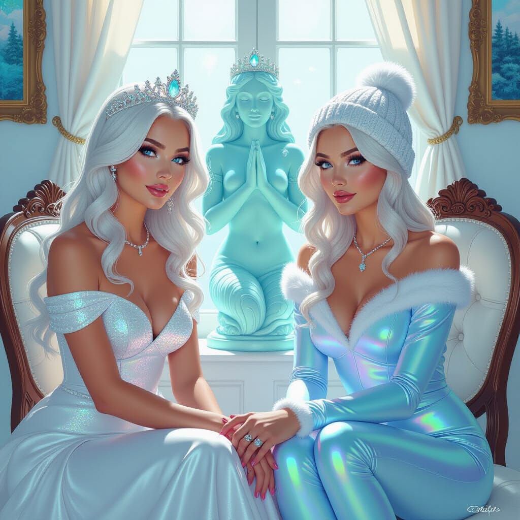 Opal and Moonstone Women with Mermaid Statue