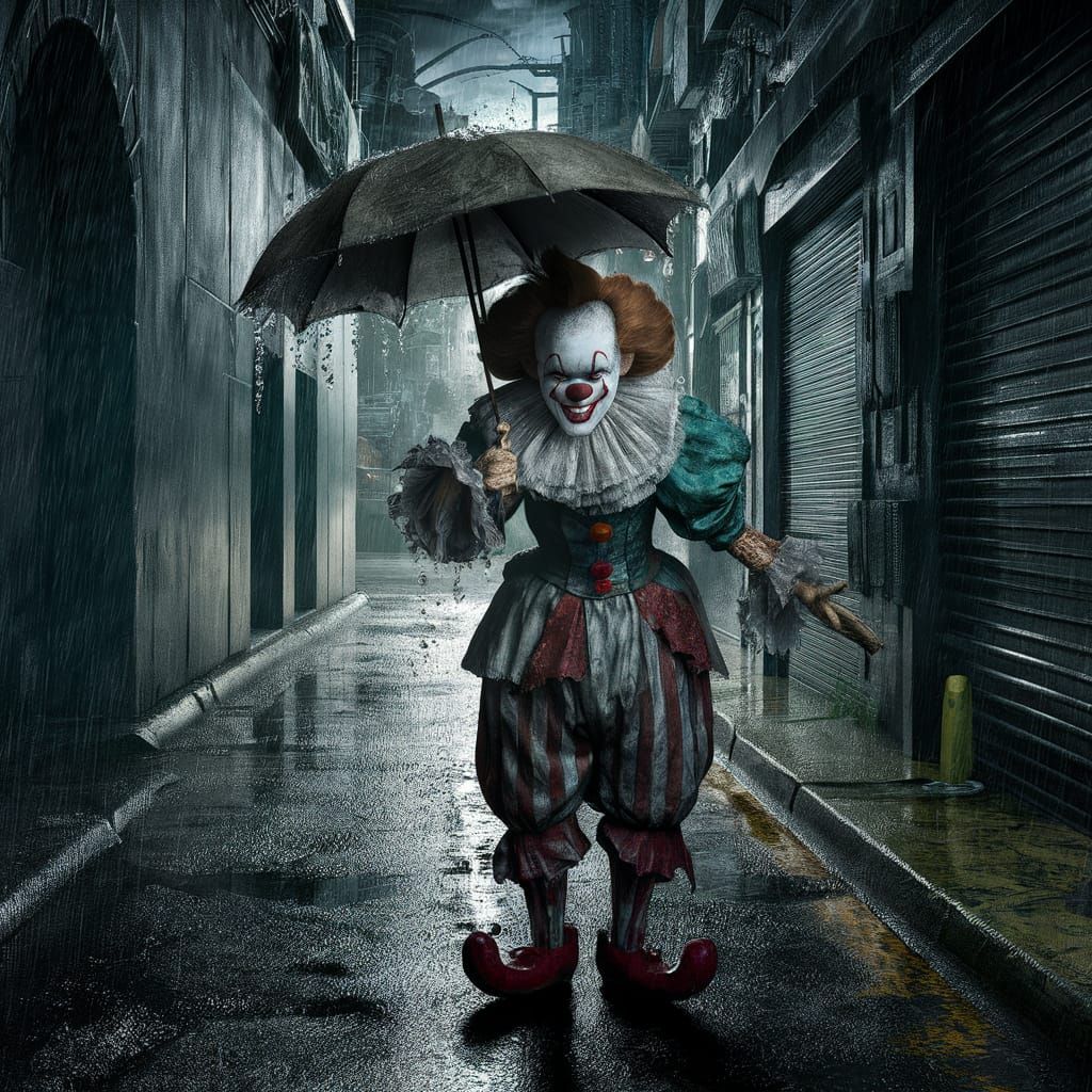 Eerie Pierrot Clown in Dystopian Alley, Oil Painting