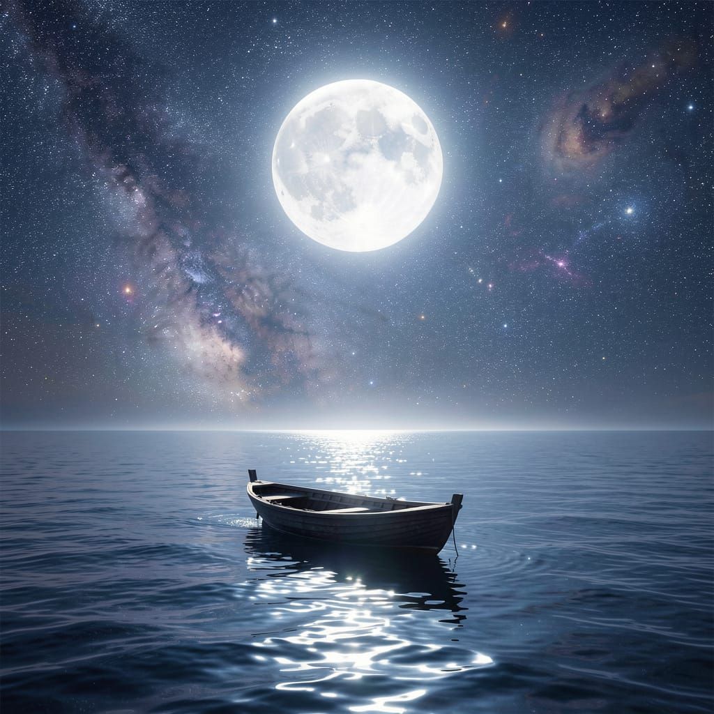 Serene Boat Voyage Under Luminous Moonlit Sky