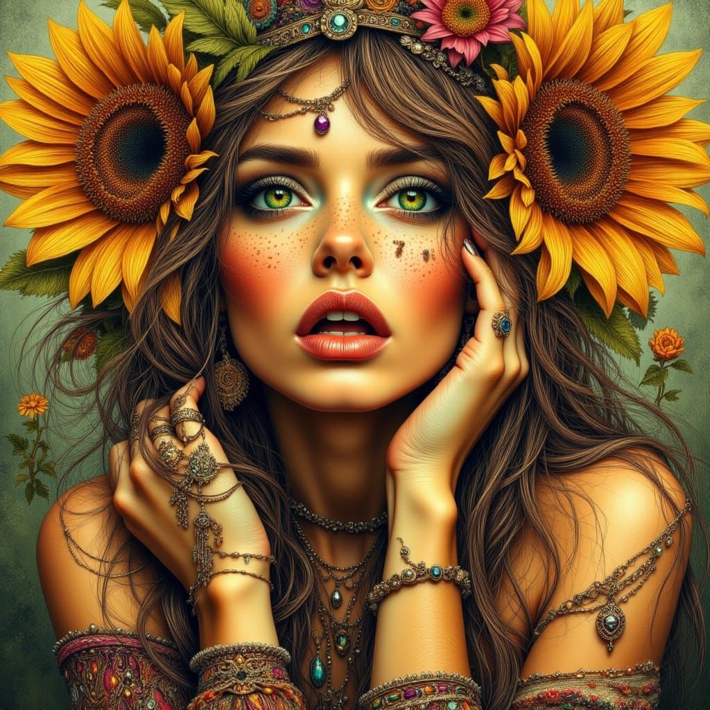 German Woman in Art Nouveau Sunflower Portrait