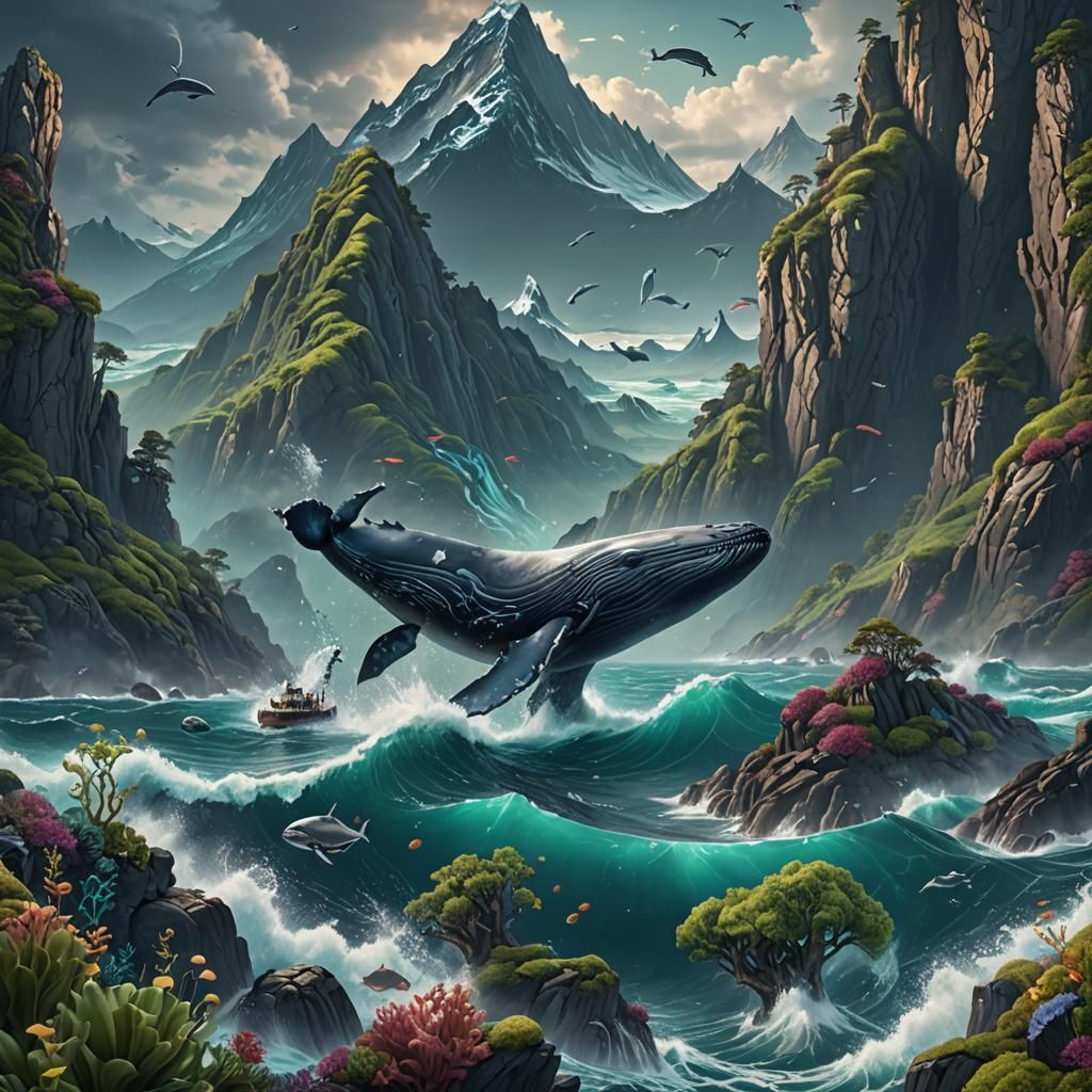 Majestic Underwater Whale Mountains in Detailed Painting
