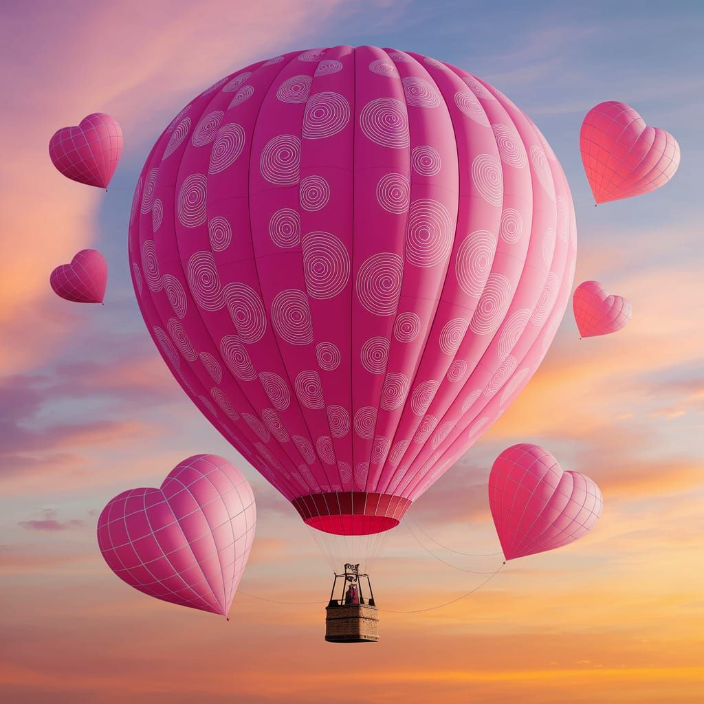 Whimsical Hot Air Balloon Soars in Sunset Glow with Swirling...