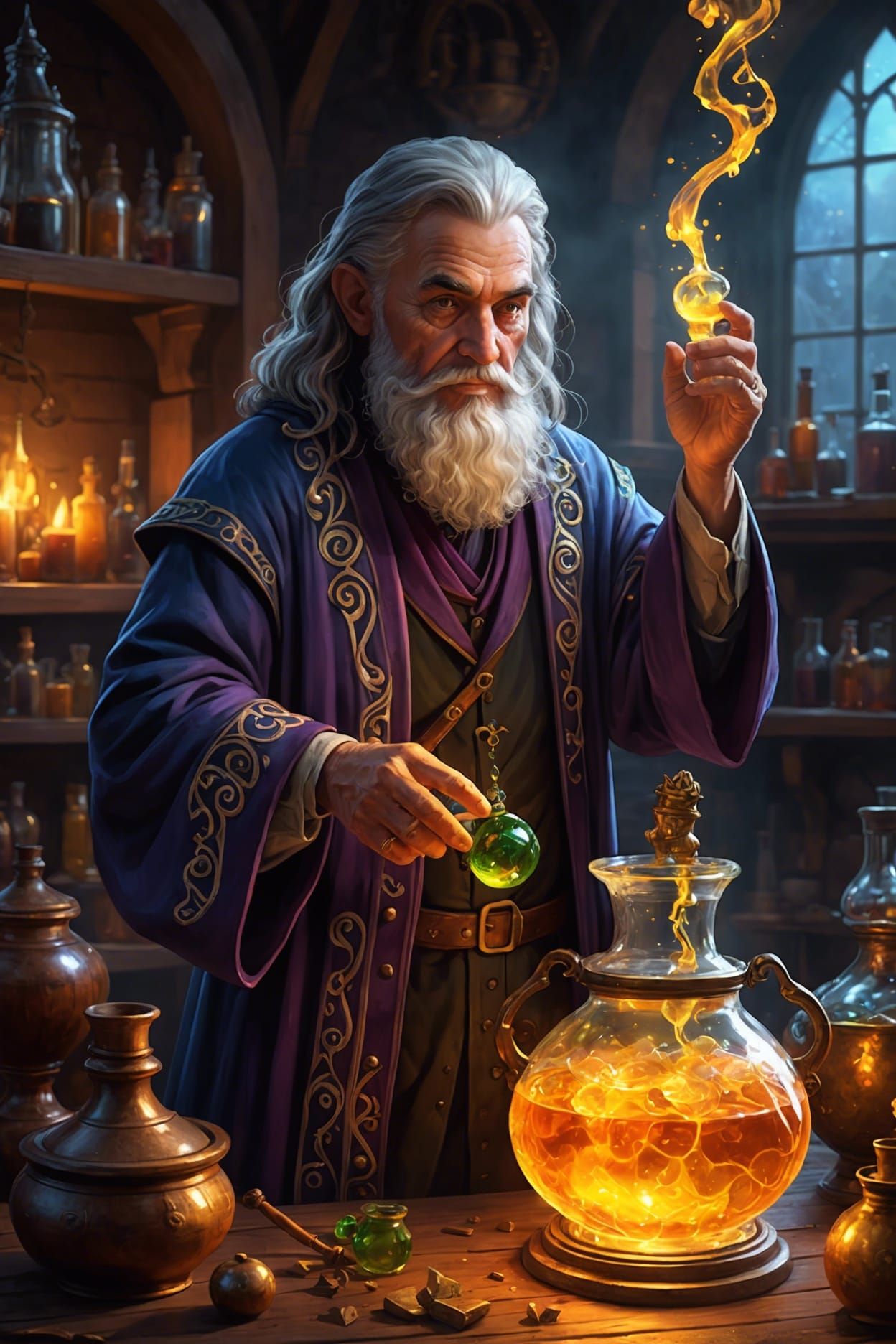 Alchemist Brewing Glowing Potion with Magic Crystals