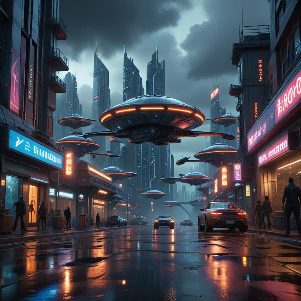 Vibrant Futuristic Suburb with Flying Cars and Children at P...