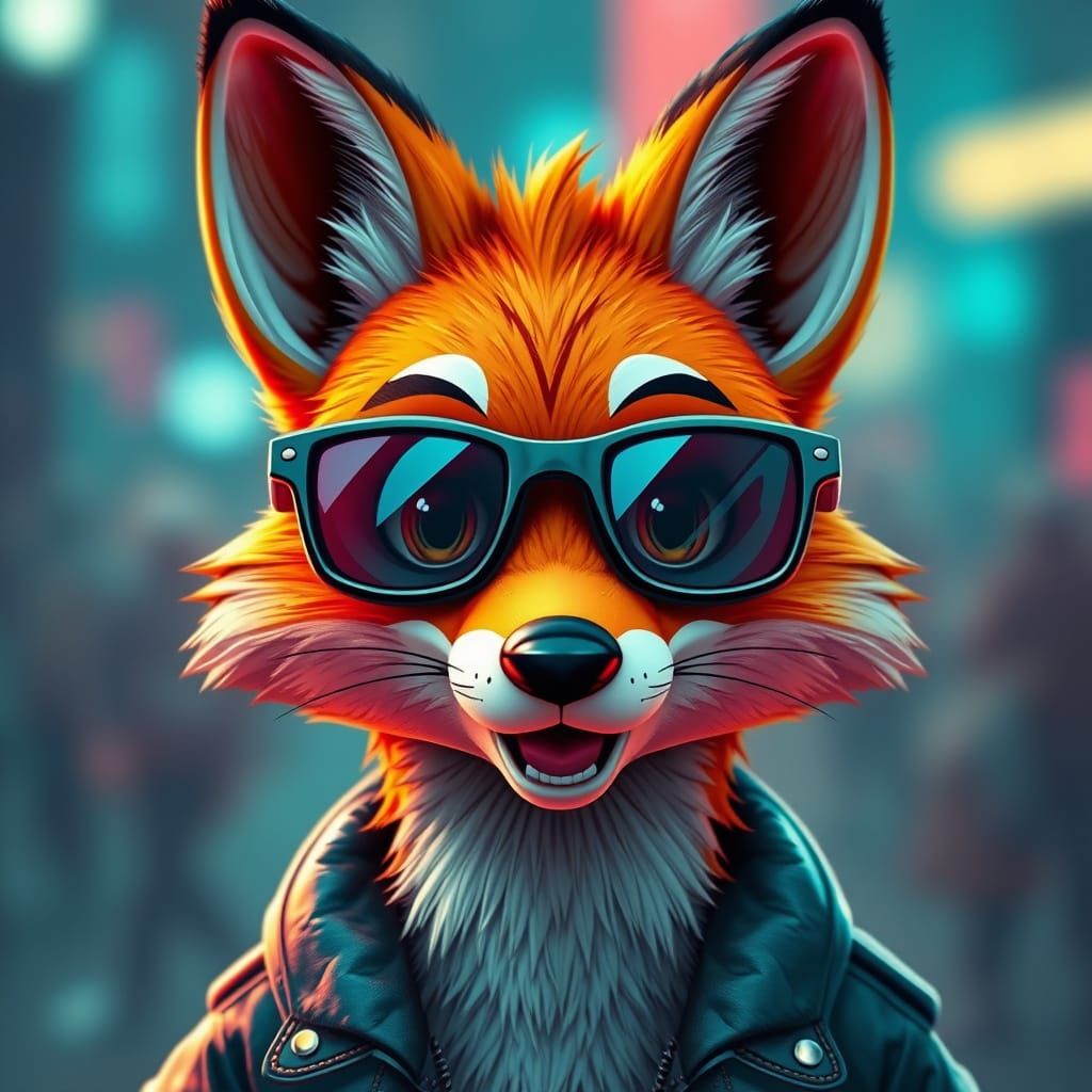 Cartoon Fox Portrait in Neonpunk Style