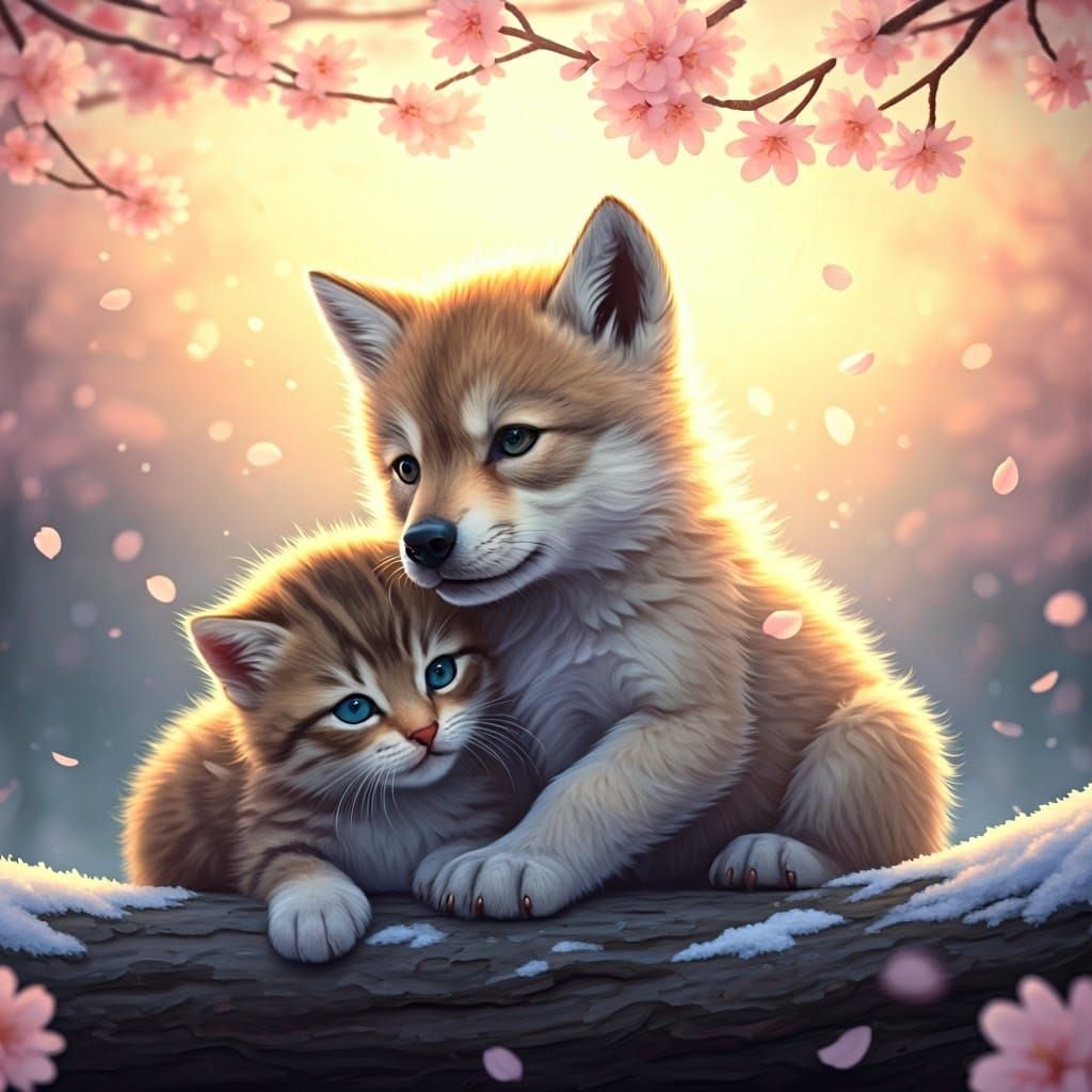 Whimsical Baby Wolf and Kitten Frolic under Cherry Blossoms