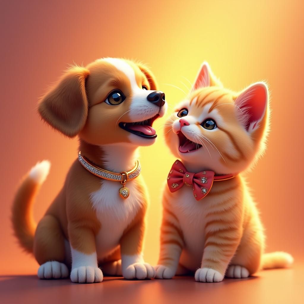 Dog and Cat Play in Sunset, Hyperrealistic Digital Art