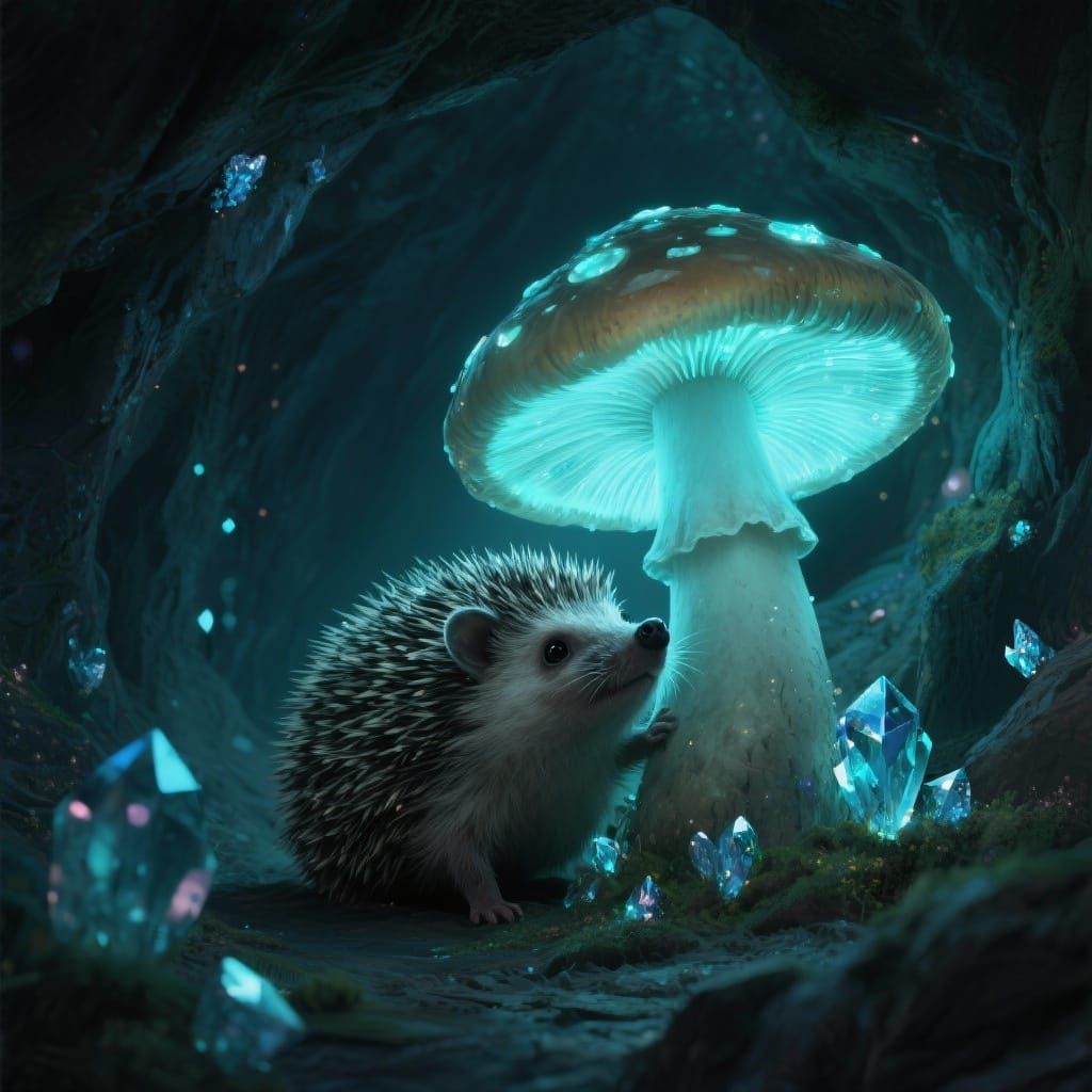 Hedgehog in Bioluminescent Cavern: Dark Fantasy Art