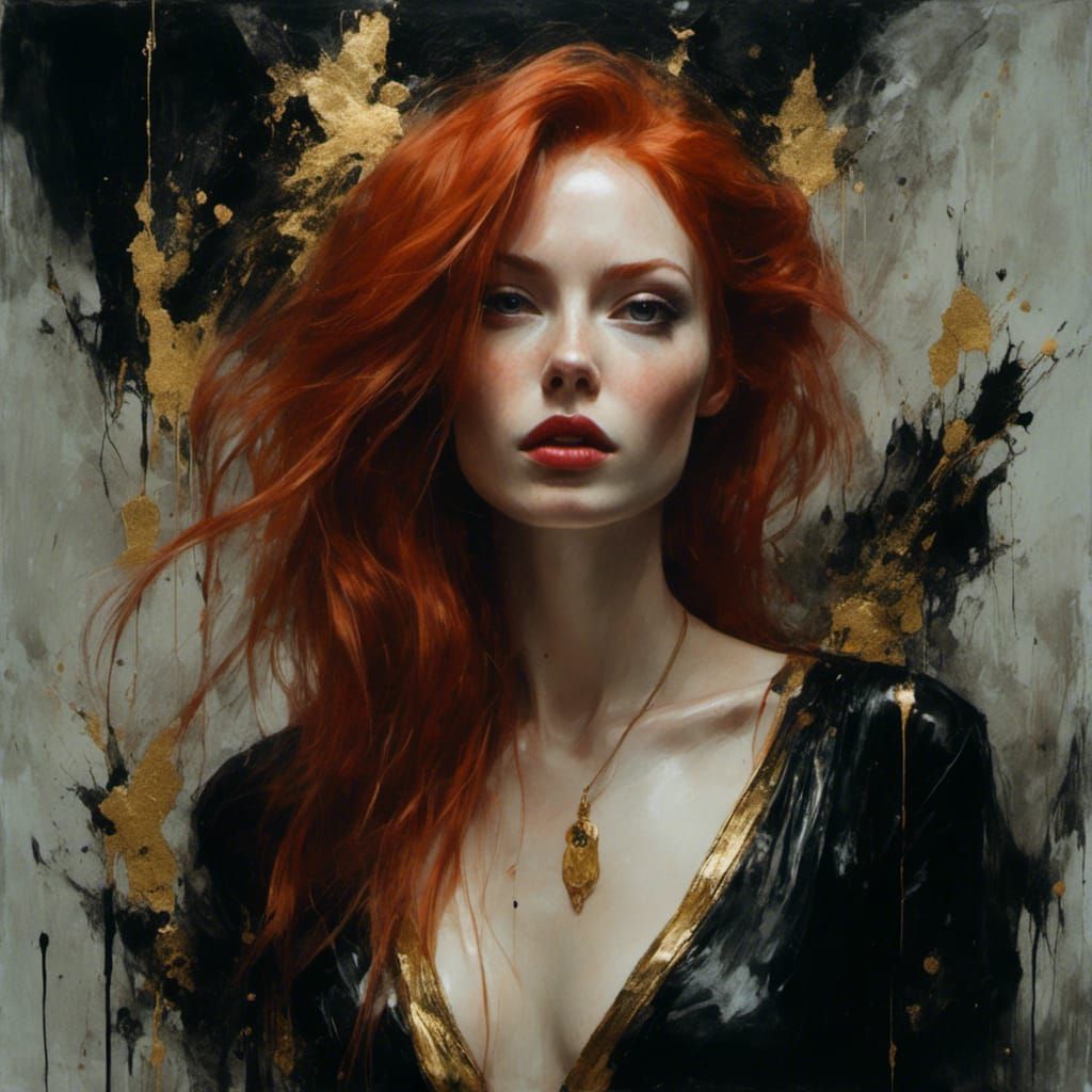 Noir Portrait of Red-Haired Woman in Gothic Style