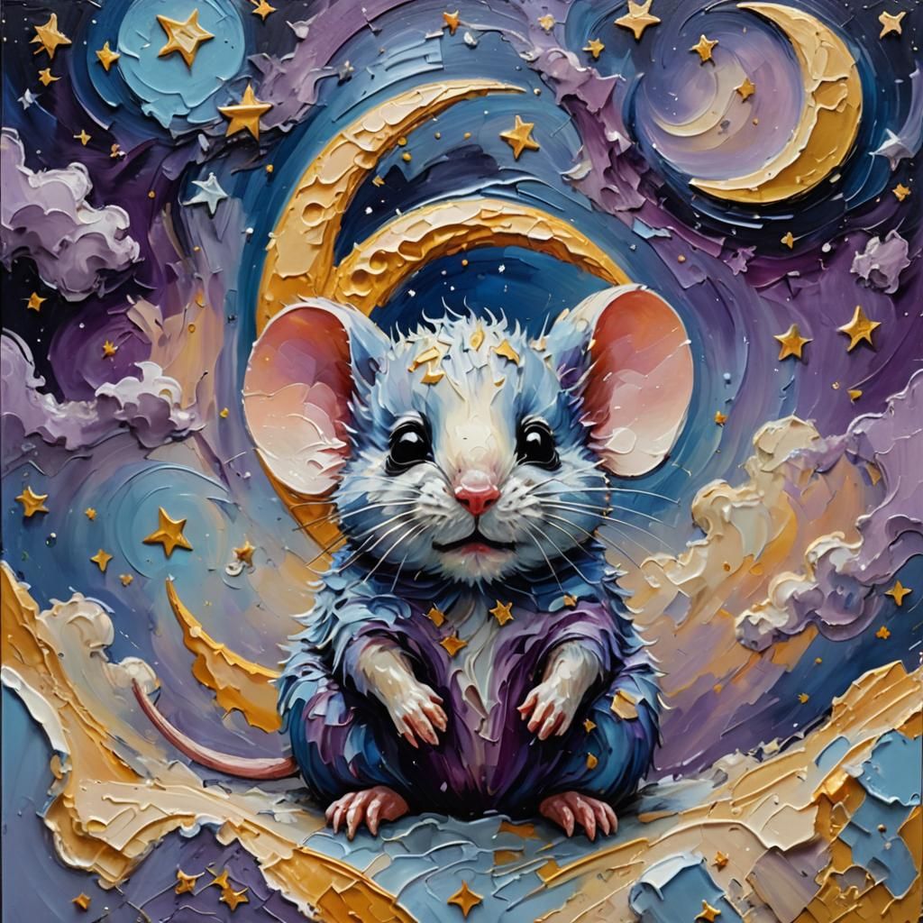 Mouse Nibbling Cheese Moon: Neo-Expressionist Oil Painting