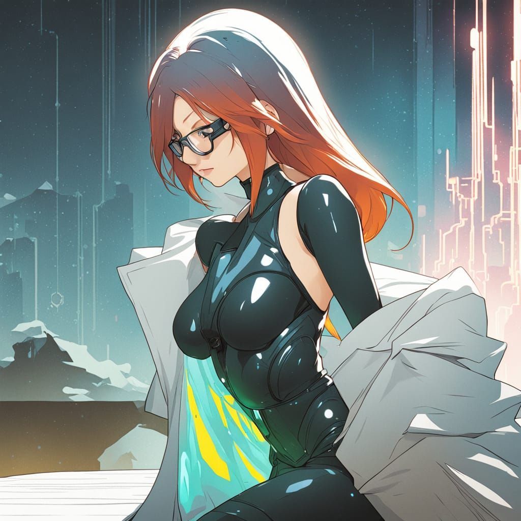Anime Woman in Lab Coat with Glowing Circuits