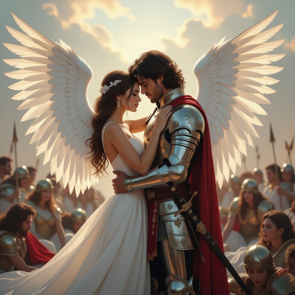 Angel and Knight Embrace on Battlefield of Fallen Gods