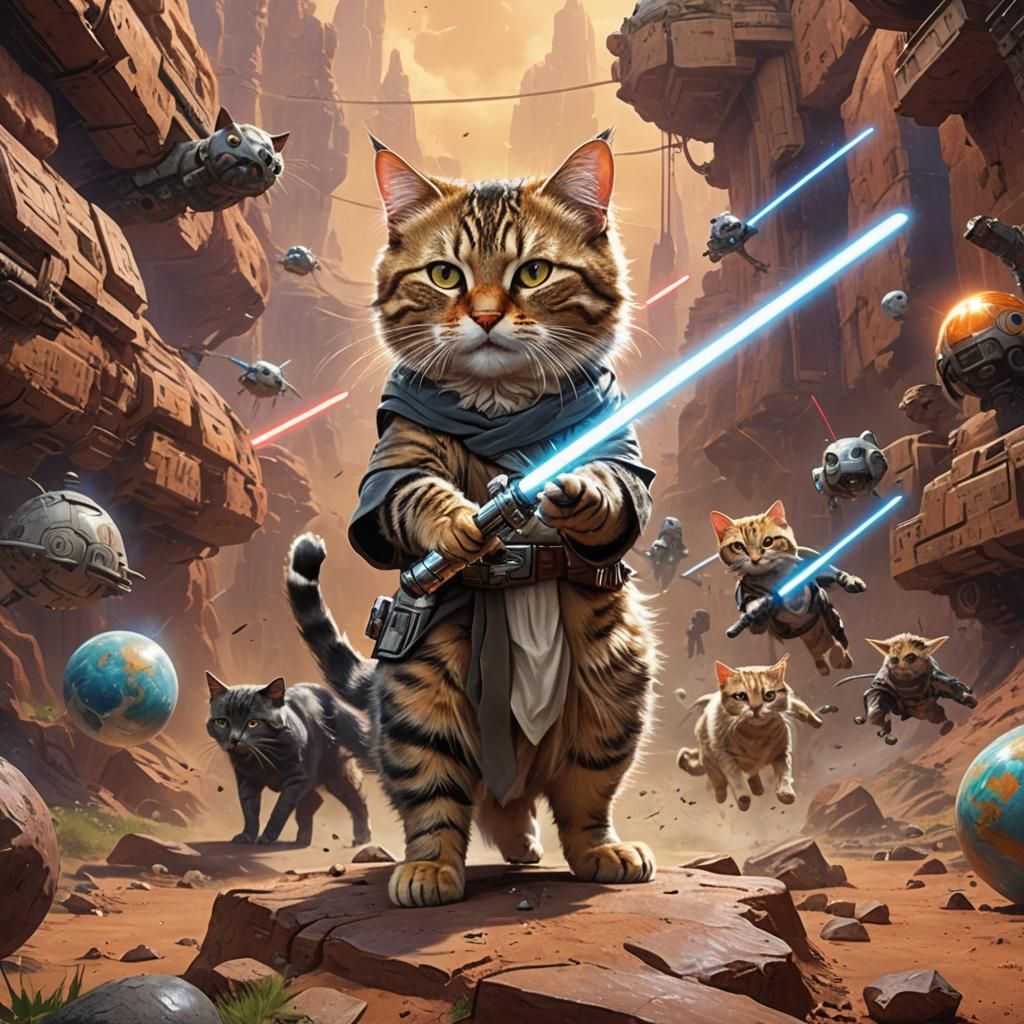 Hyperrealistic Jedi Cat Training on Alien Planet