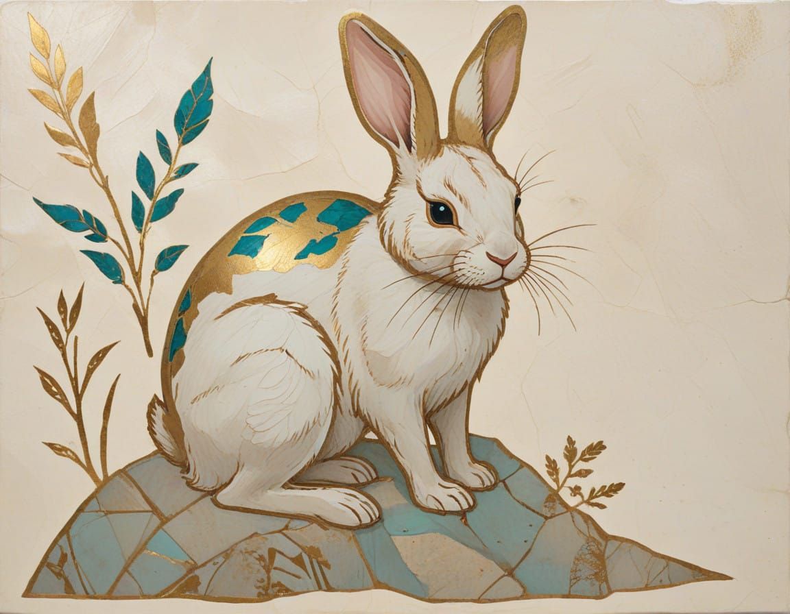 Golden Kintsugi Rabbit Ascends Sunset Hill