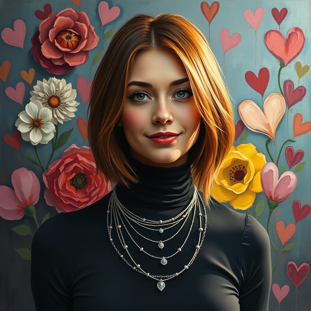 Oil Portrait of Woman with Floral Abstract Background