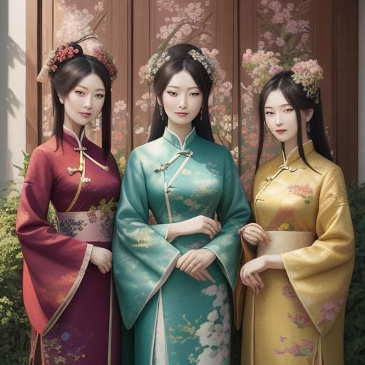 Vibrant Impressionist Portrait of Seven Chinese Sisters
